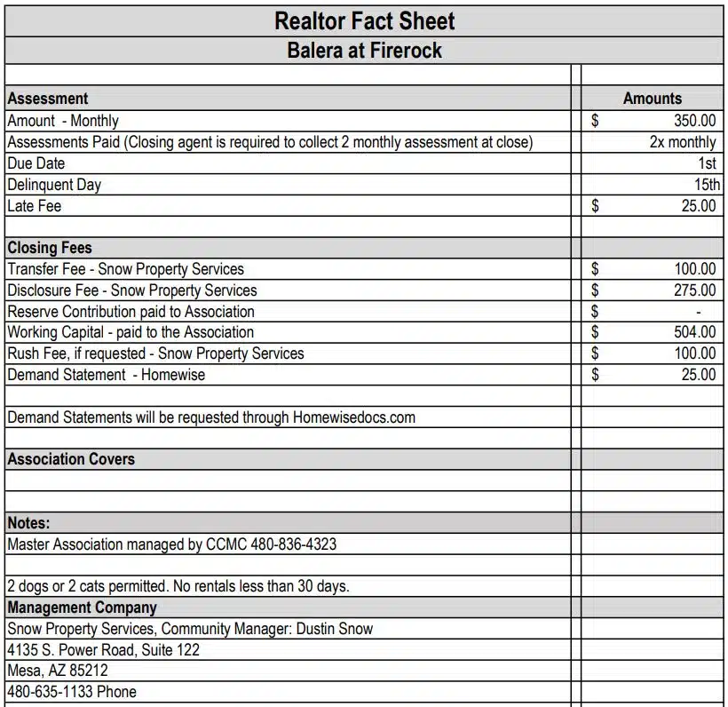 BALERA AT FIREROCK REALTOR FACT SHEET