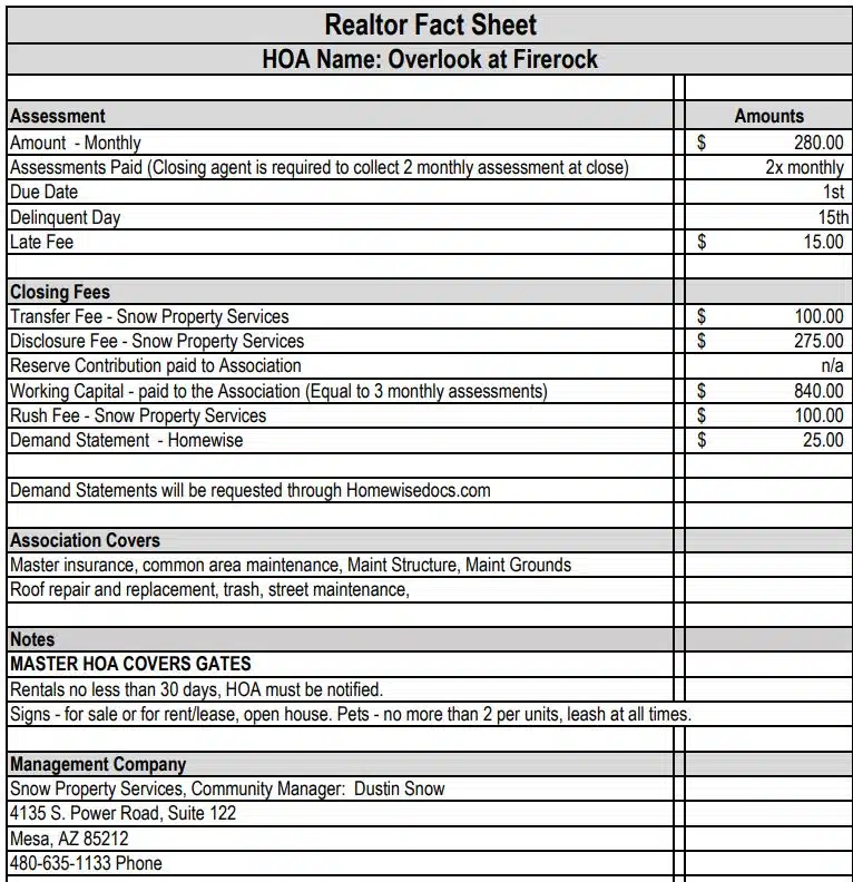 THE OVERLOOK AT FIREROCK FACT SHEET