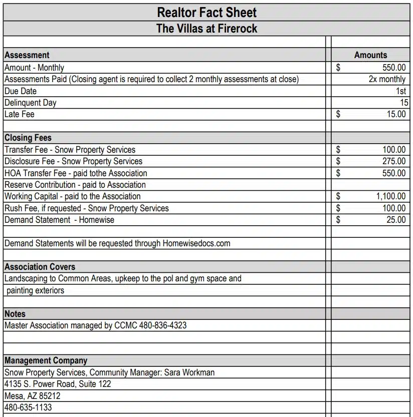 THE VILLAS AT FIREROCK REALTOR FACT SHEET